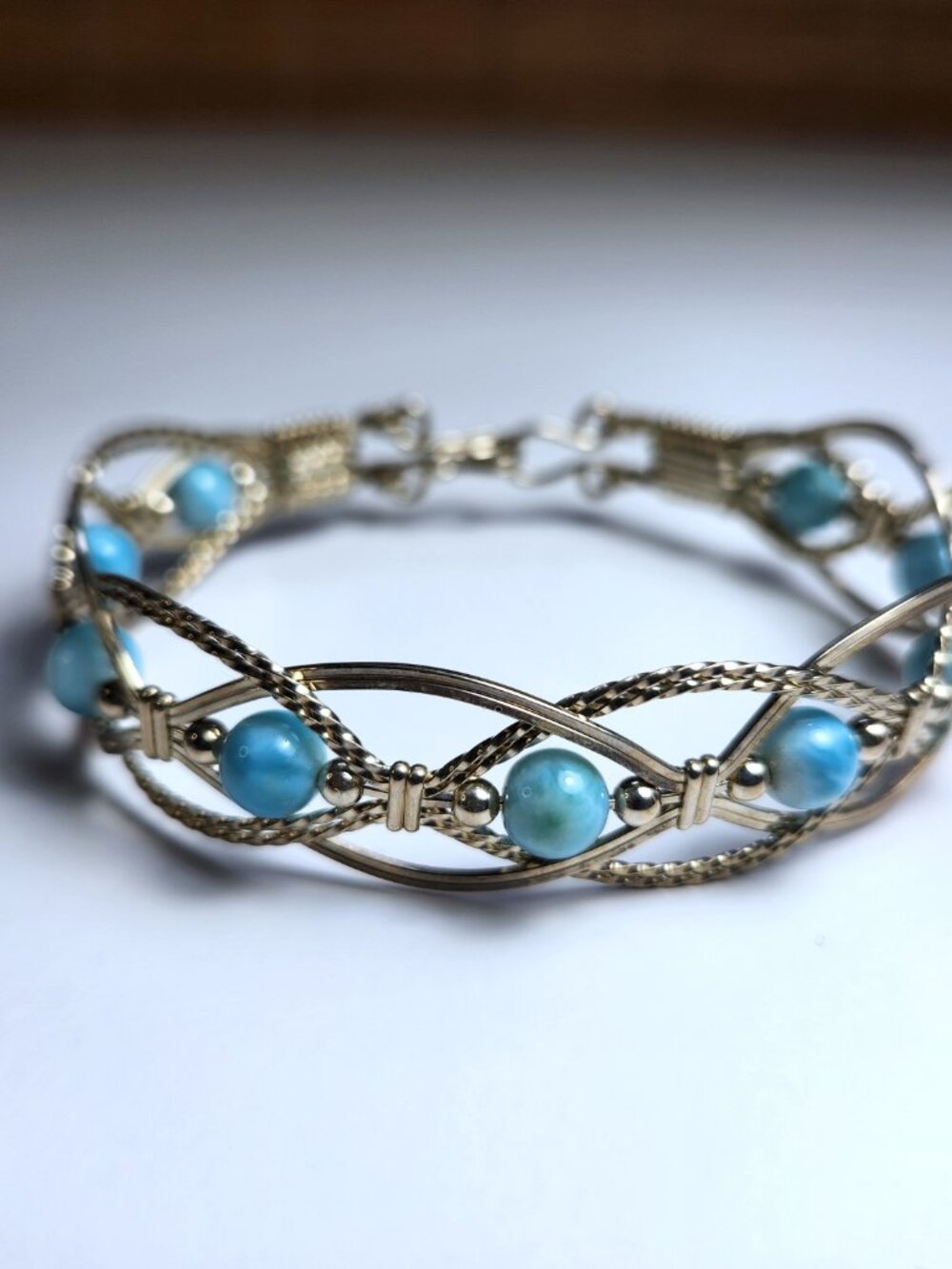 Artisan Wire Wrapped Sterling Silver Turquoise Bracelet Handmade Lattice Link Bo
